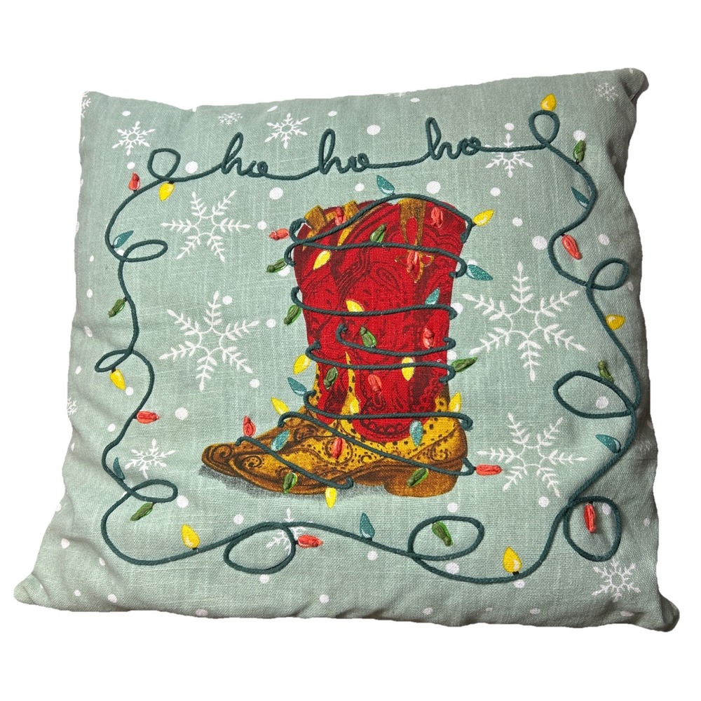 Pioneer Woman Christmas Cowboy Boot Ho Ho Ho Throw Pillow COVER Blue Paisley